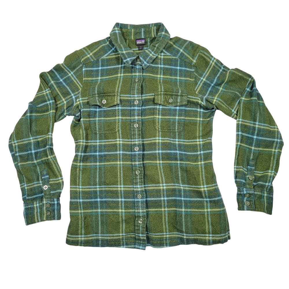 Patagonia Fjord Flannel Shirt Womens 6 Green Plaid Organic Cotton Long Sleeve